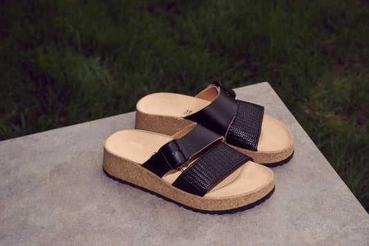 BIRKENSTOCK ALMINA LEATHER/RAFFIA | BLACK
