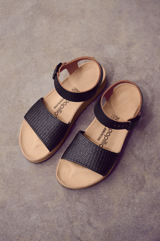 BIRKENSTOCK GLENDA LEATHER/RAFFIA | BLACK