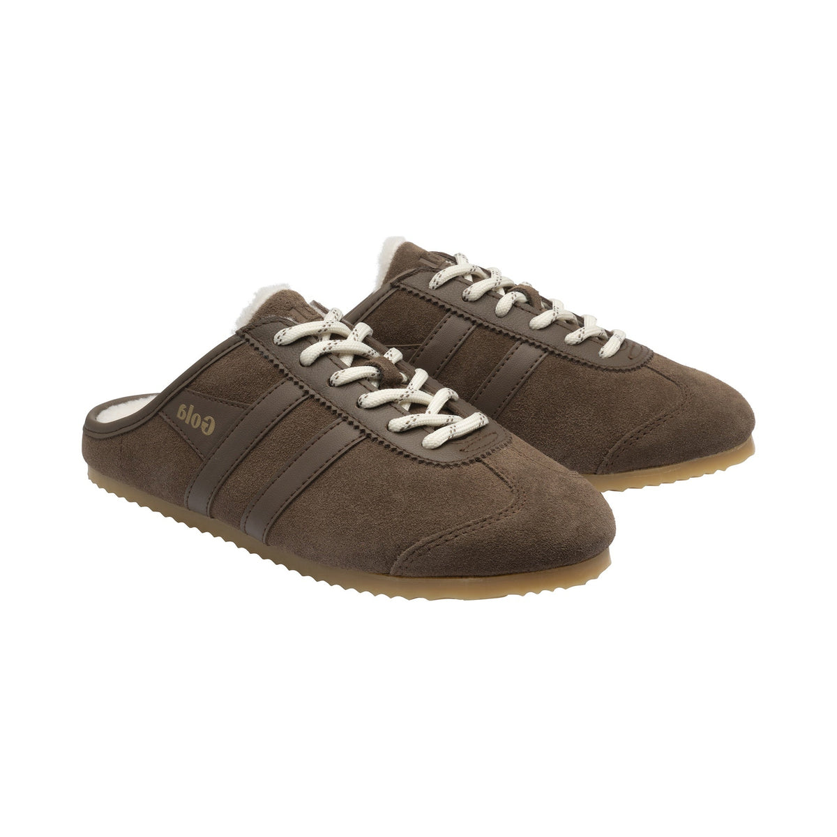 A pair of brown suede slip-on sneakers with white laces and a gum sole, featuring the brand name 'Gola' printed on the side.