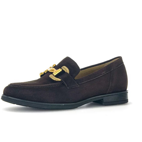 Dark brown loafer with gold accents on a white background