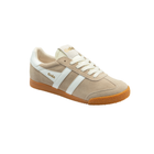 A Gola brand low-top sneaker in beige suede with white side stripes, white laces, a cream collar, and a brown gum sole, shown on a plain white background.