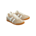 A pair of low-top sneakers in beige suede and leather, featuring white side stripes, white laces, a beige tongue, and a brown gum sole. The brand name 'Gola' is visible on the side of the shoe.