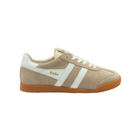 A beige suede and leather low-top sneaker with white side stripes, white laces, a gold 'Gola' logo on the side, and a brown gum sole, shown against a plain white background.