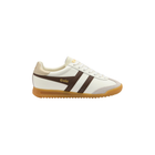A Gola brand low-top sneaker in white leather with dark brown side stripes, a white tongue and collar, and a translucent gum sole.