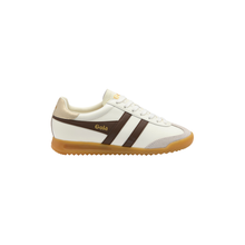 A Gola brand low-top sneaker in white leather with dark brown side stripes, a white tongue and collar, and a translucent gum sole.
