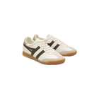 A pair of retro-style low-top sneakers in off-white leather with dark brown side stripes, white laces, and a gum brown sole, shown on a plain white background.
