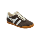 A low-top suede sneaker in dark brown with white side stripes, cream laces, a cream tongue label, and a brown gum sole. The brand name 'Gola' is printed in gold on the side stripe and tongue.