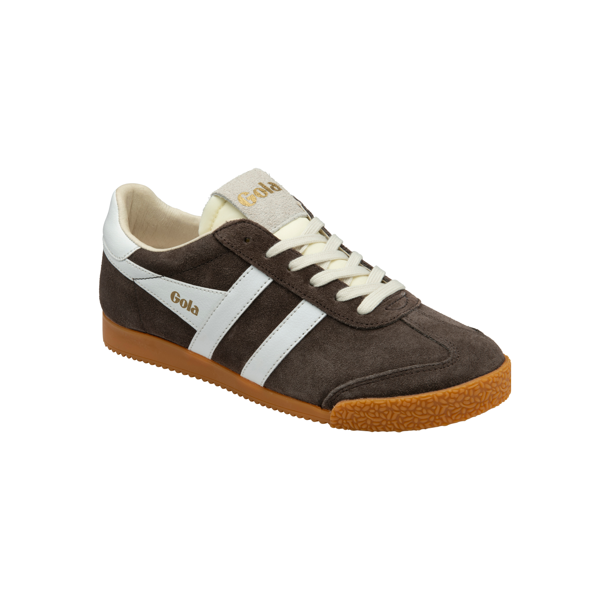 A low-top suede sneaker in dark brown with white side stripes, cream laces, a cream tongue label, and a brown gum sole. The brand name 'Gola' is printed in gold on the side stripe and tongue.
