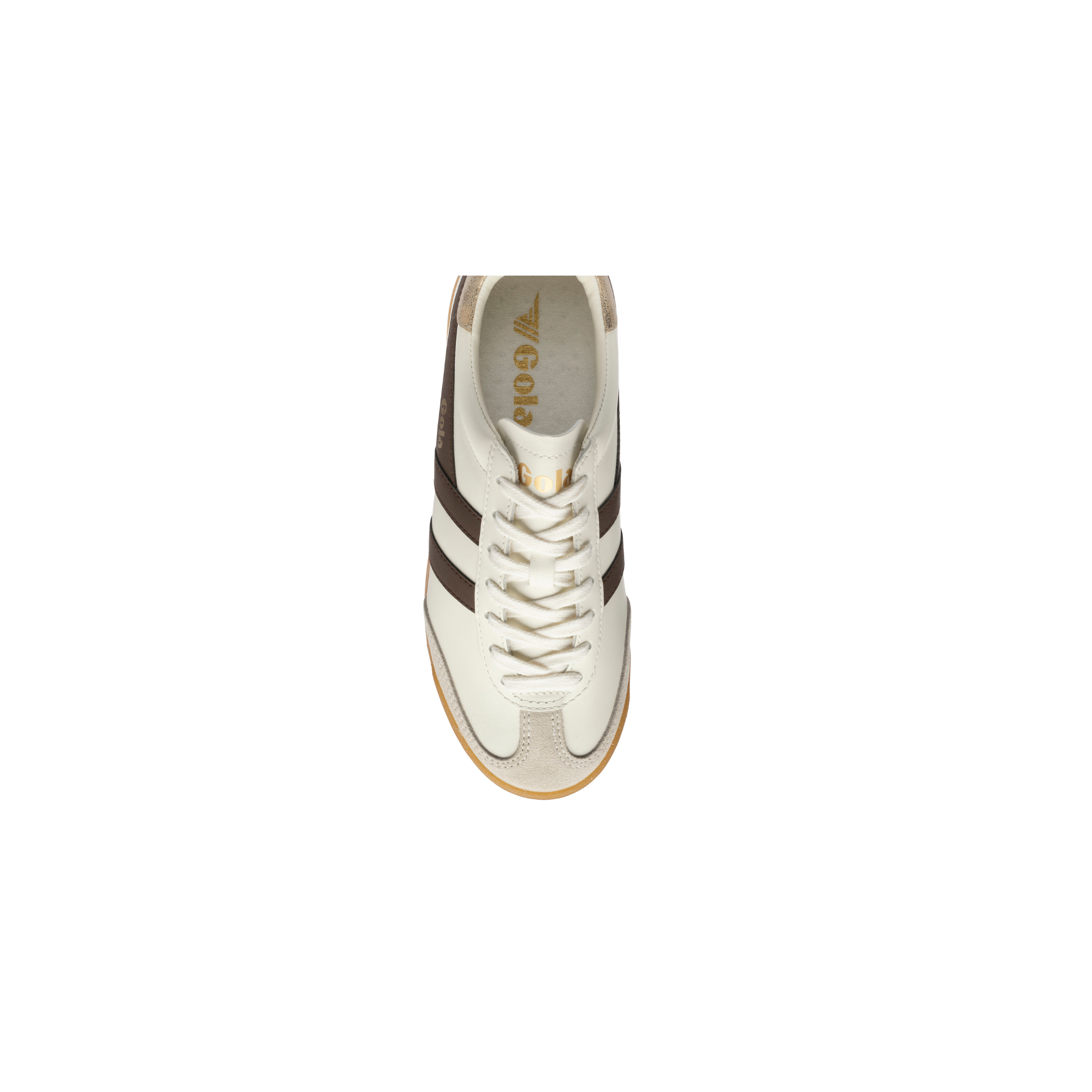 A single low-top sneaker shown from a top-down view on a plain white background. The shoe is primarily off-white with dark brown side stripes, white laces, and a light tan outsole.